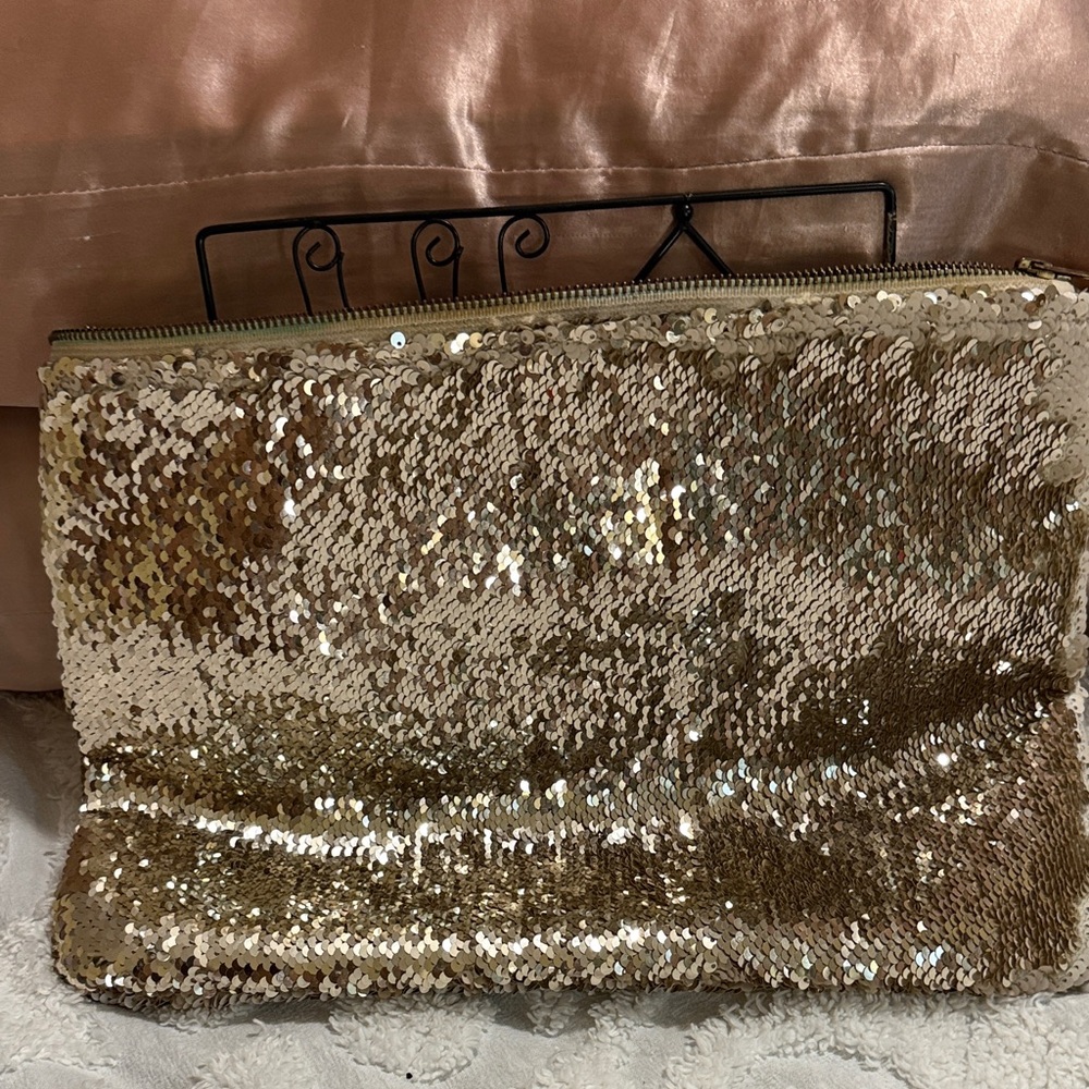 Gold Sequin Women's Clutch Bag with Colorful Lined Interior